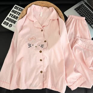 Cloud Cotton Gauze Pajama Set for Women Long Sleeve Spring Autumn Cute Cat Cardigan Premium Loungewear Summer