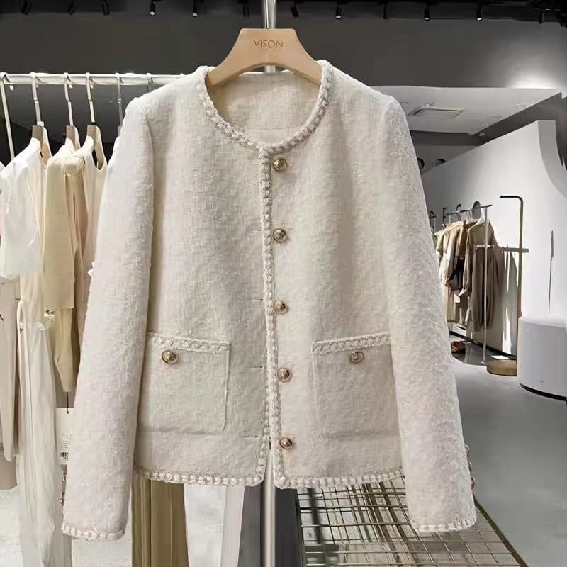 Fall Winter French Style Short Coat Women's Thick Tweed Jacket Moccasin Color Elegance Ladylike Fashion Outerwear Coat