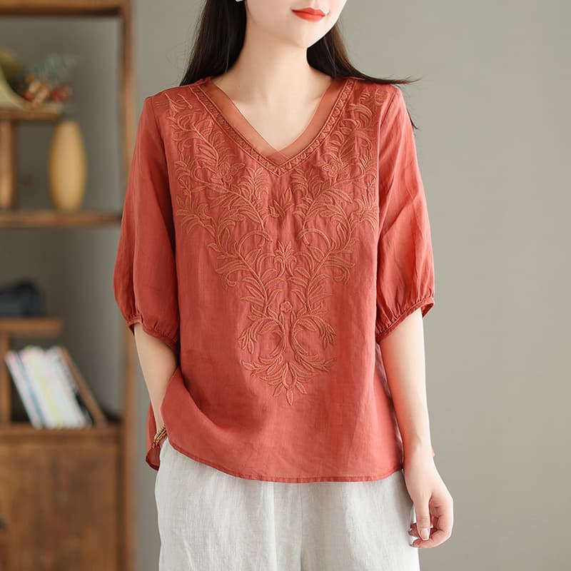 Linen-Cotton V-Neck Embroidered T-Shirt for Women, 2024 New Summer Style, 3/4 Sleeve, Mother's Wear