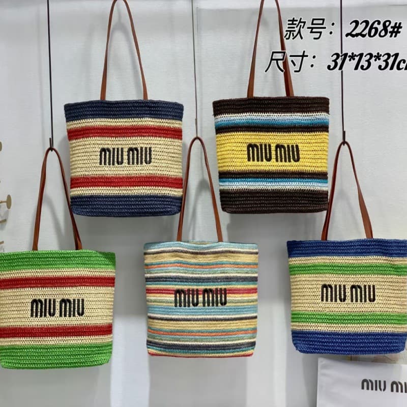 Miu Miu Beach Tote Bag for Women Contrast Color Woven Straw Single Shoulder Bag Raffia Large Capacity Striped Woven Grass Embroidery