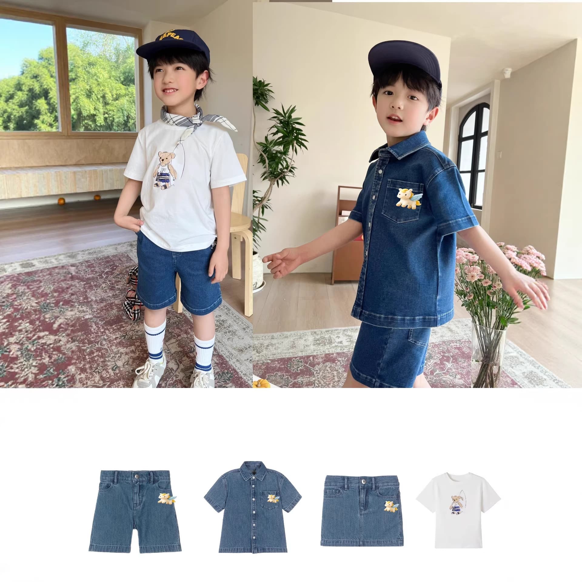 SY B Children's Clothing 2026 Spring New Boys and Girls War Horse Embroidery Denim Skirt/Shorts/Shirt/Surfing Bear T