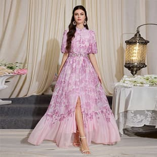 KY2713 Cross-border Amazon Women's Printed Long Chiffon Puff Sleeve Waist Dress Casual Long Skirt