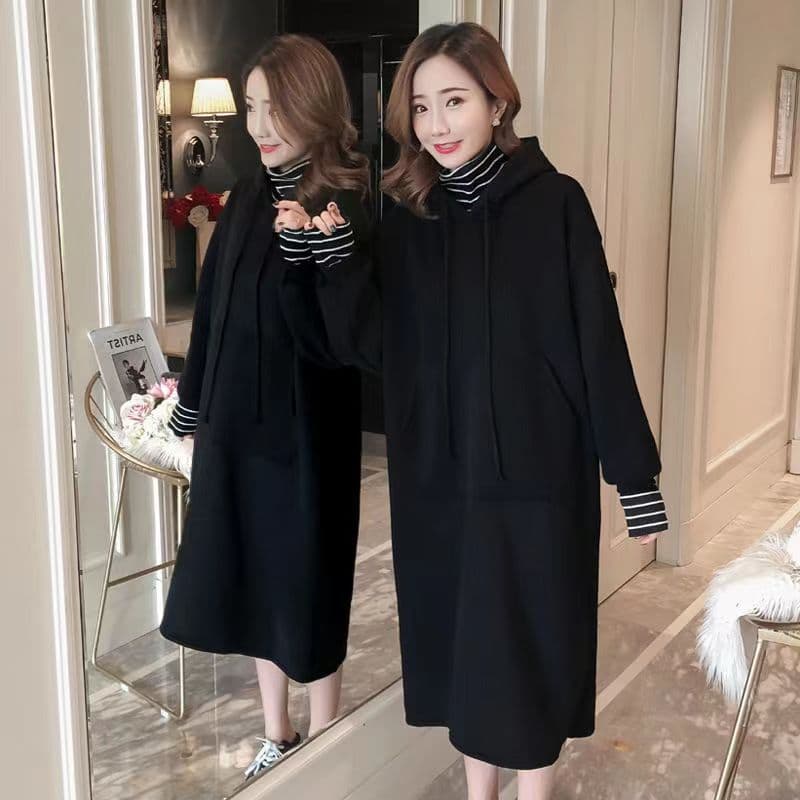 Plus Size Women's Hooded Sweatshirt Dress, Fleece-Lined, Thickened, Loose, Mid-Length, Over-the-Knee, Autumn/Winter New Arrival Coat