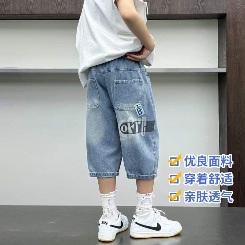 Letter printed boys' quarter jeans, summer soft denim, breathable mid-length pants, medium and large children's loose casual pants