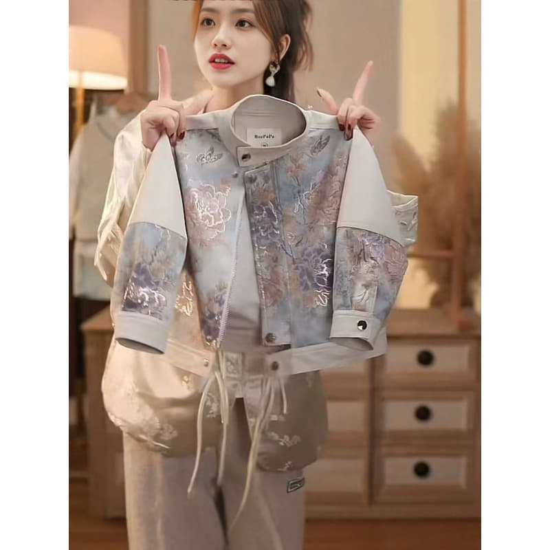 Boys' spring and autumn jackets are warm and windproof, new Chinese style floral leather jackets with stand collars, spring and autumn new children's jackets