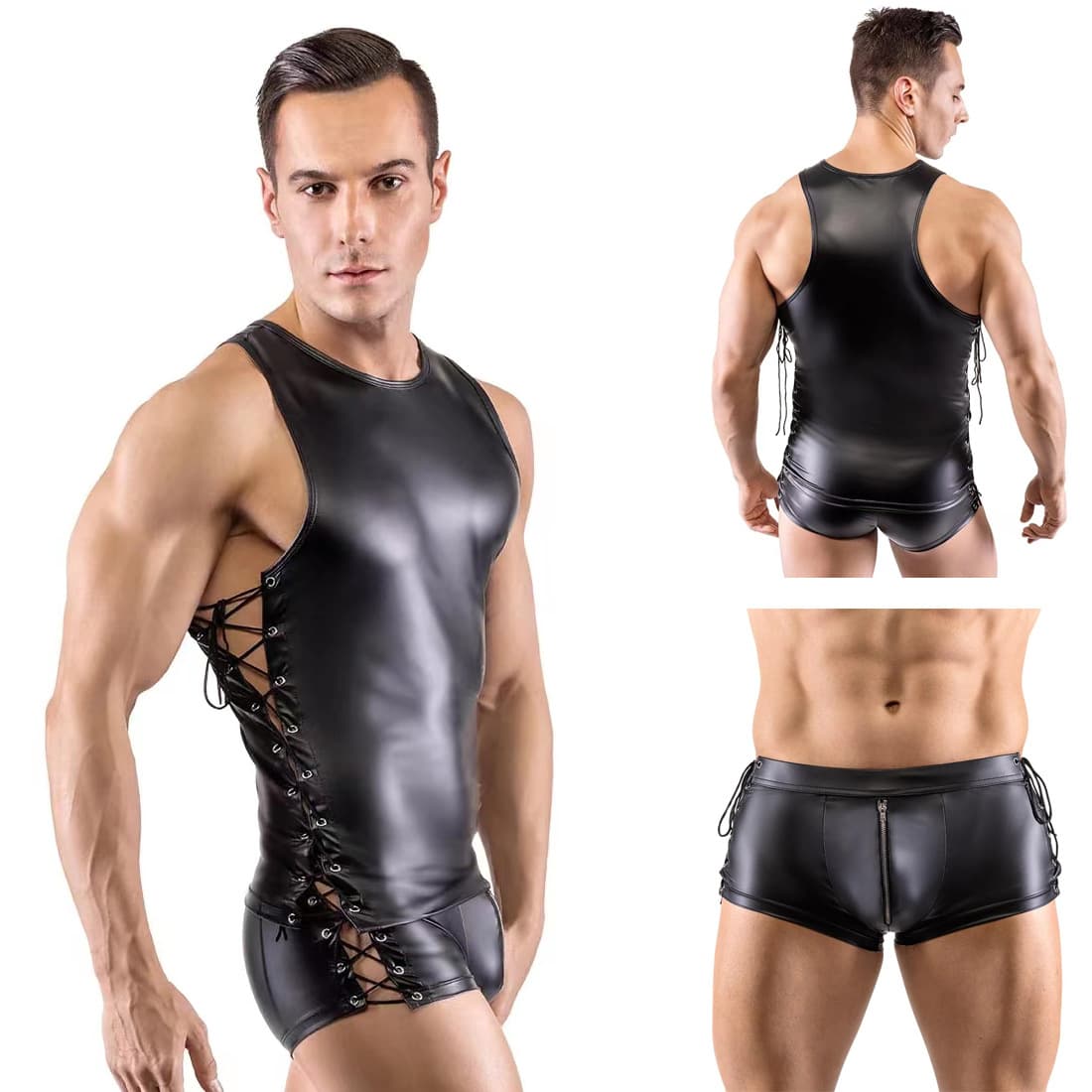 Sexy Black Patent Leather Vest and Shorts Set for Men, Stage Bar Performance Costume Top and Pants