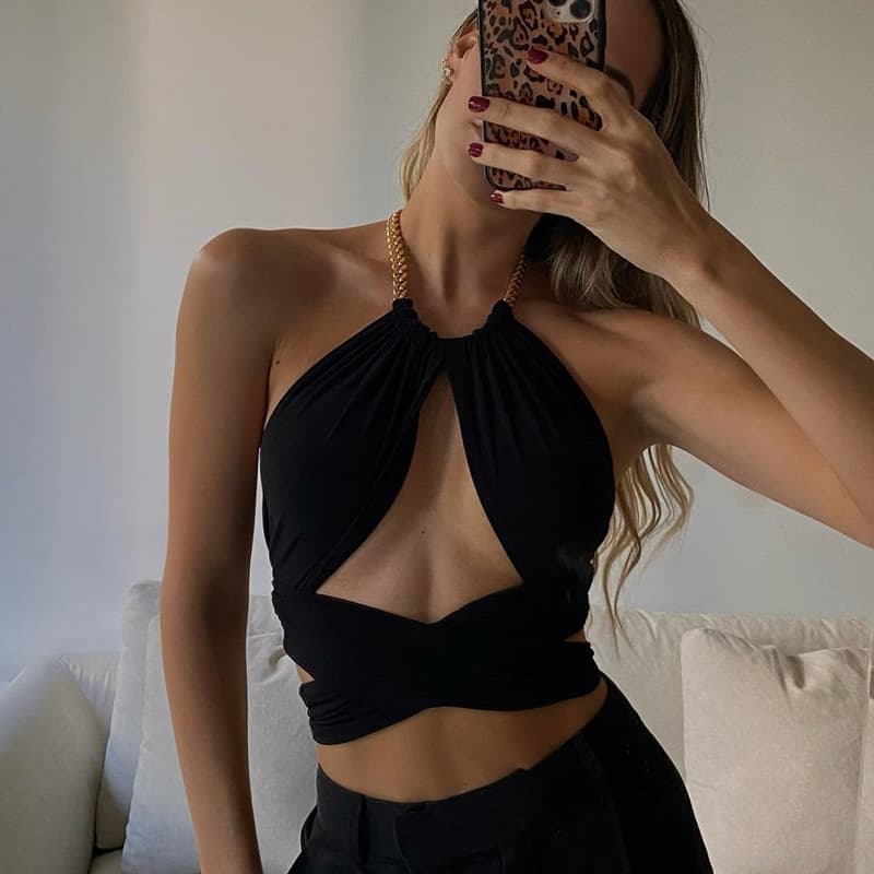 AliExpress Amazon European and American Trendy Hollow V-Neck Sexy Halter Tie Black Women's Top Vest