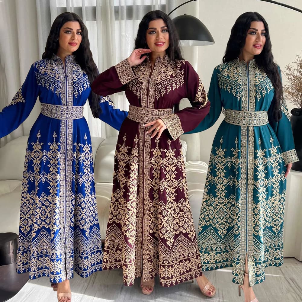 XQY500371 Jalabiya Cross-Border New Printed Zip-Up Robe Ethnic Dress