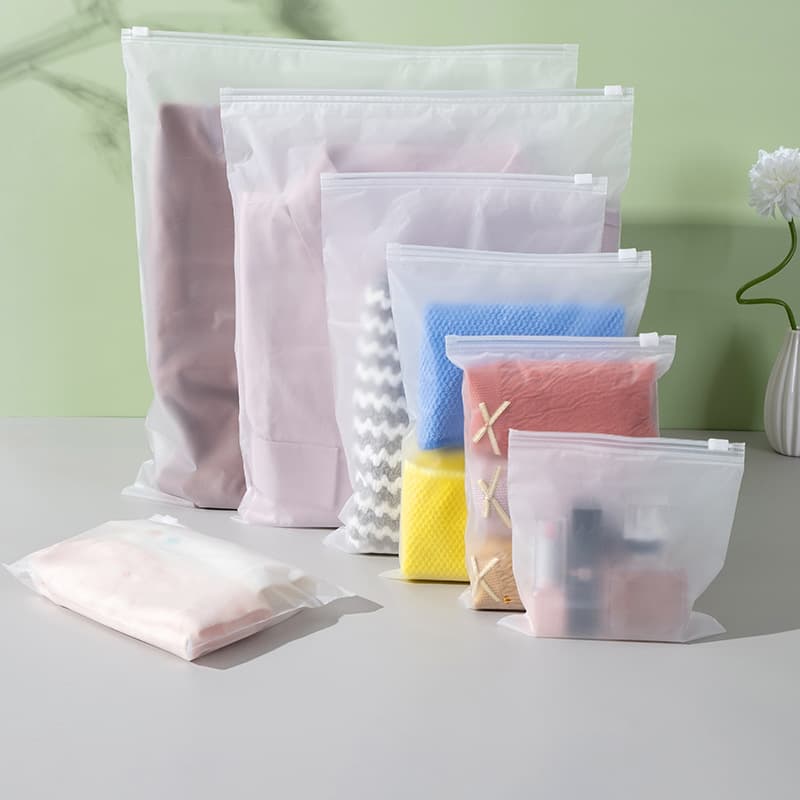 Available transparent frosted zipper bags for underwear, socks, and clothing packaging; custom EVA plastic self-sealing bags.