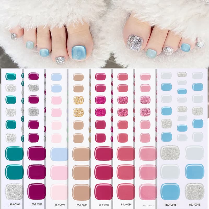 Zhengxiang source factory customized OEM semi-cured gel toe nail stickers solid color jump color onion powder gel nail stickers