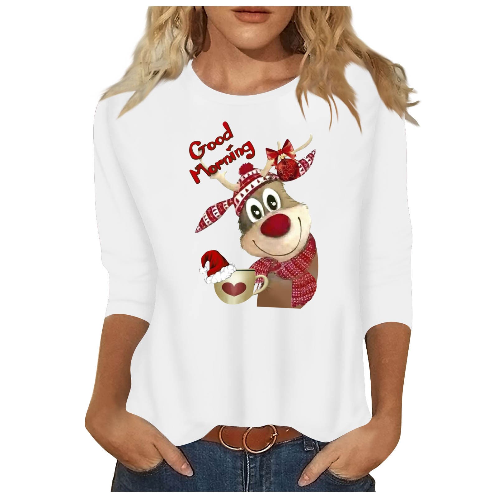 Amazon New Women's Casual 3/4 Sleeve T-Shirt 3D Print Fashion Round Neck Pullover Top