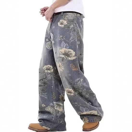 Loose Fit Men's Jeans with Printed Pattern, Harajuku Boyfriend Jeans, Streetwear
