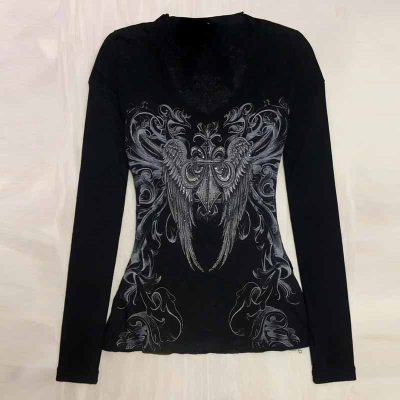 2026 Summer Women's Long Sleeve T-Shirt Slim Fit Top Dark Gothic Punk Style Print Rhinestone Wholesale INS