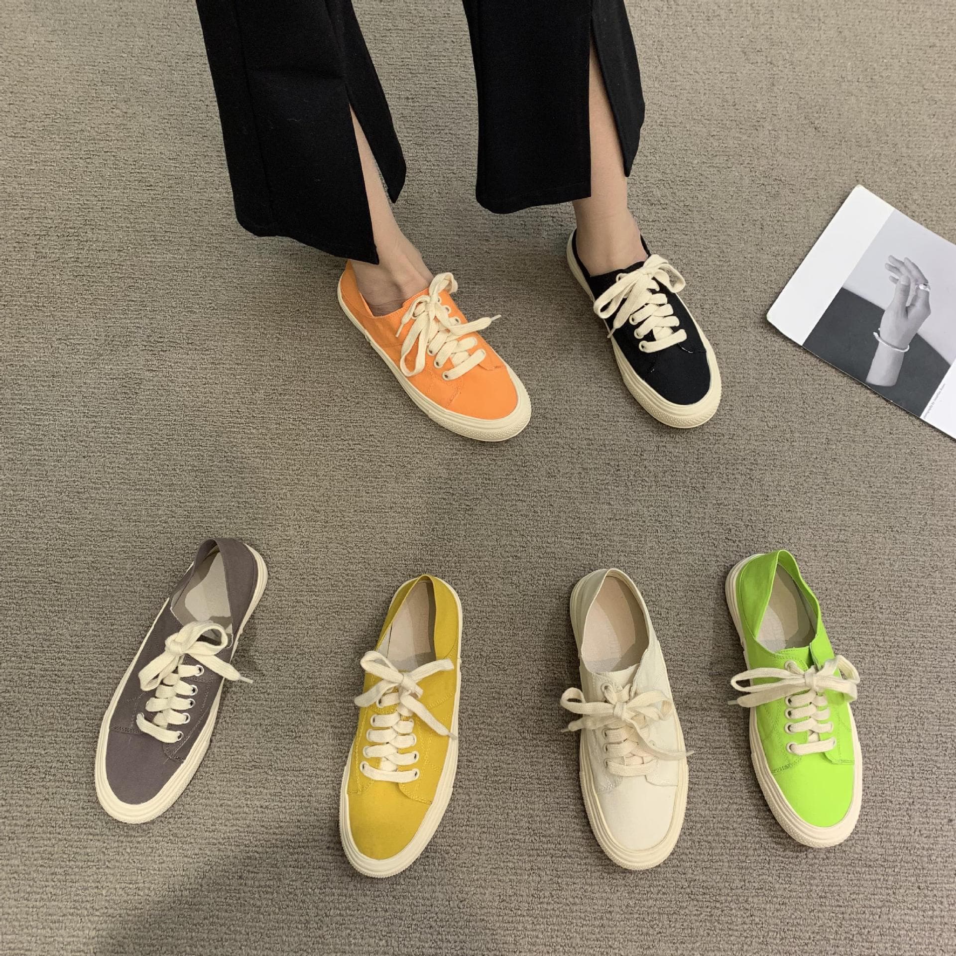Women's Spring 2024 Two-Way Wear Half Slip-On Thick Bottom Canvas Shoes Casual White Sneakers Korean Style Low Cut Rubber Sole