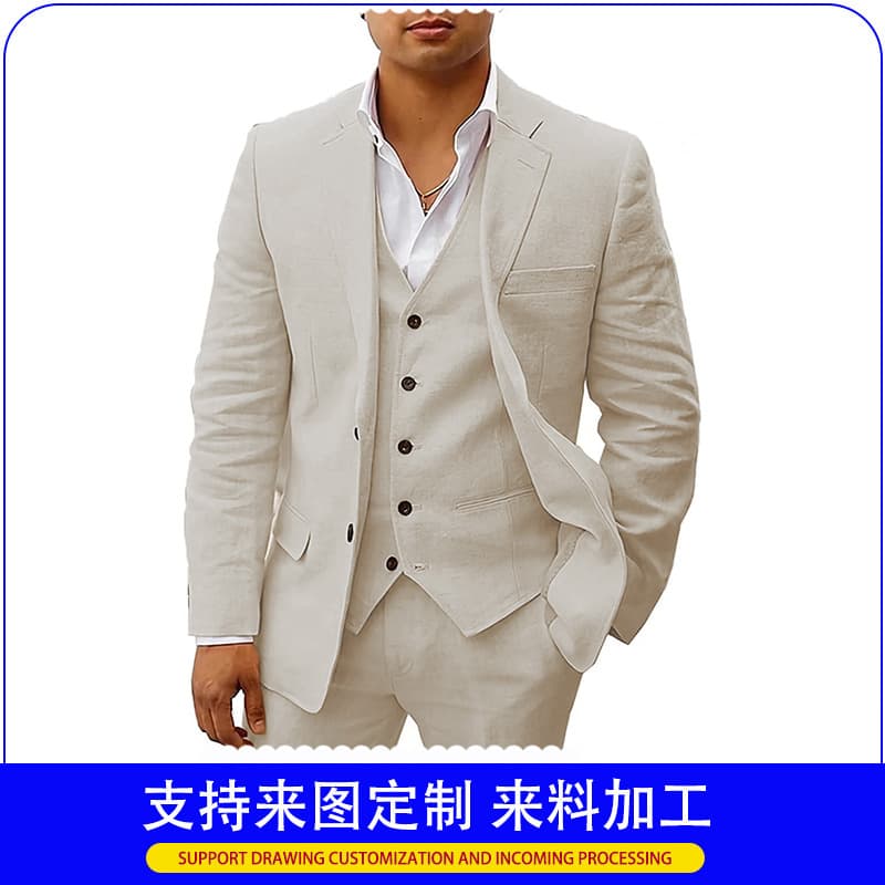 Men's Three-Piece Suit Cotton Linen Breathable Business Casual Wear Comfortable Fit Style Single Button Pure Color All Seasons
