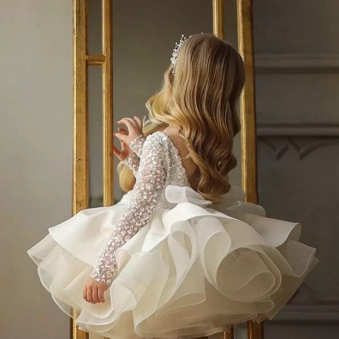Princess Gown Puff Skirt For Children Western Style Dance Costume Sequins Tulle Fabric Birthday Party Dresses For Girls
