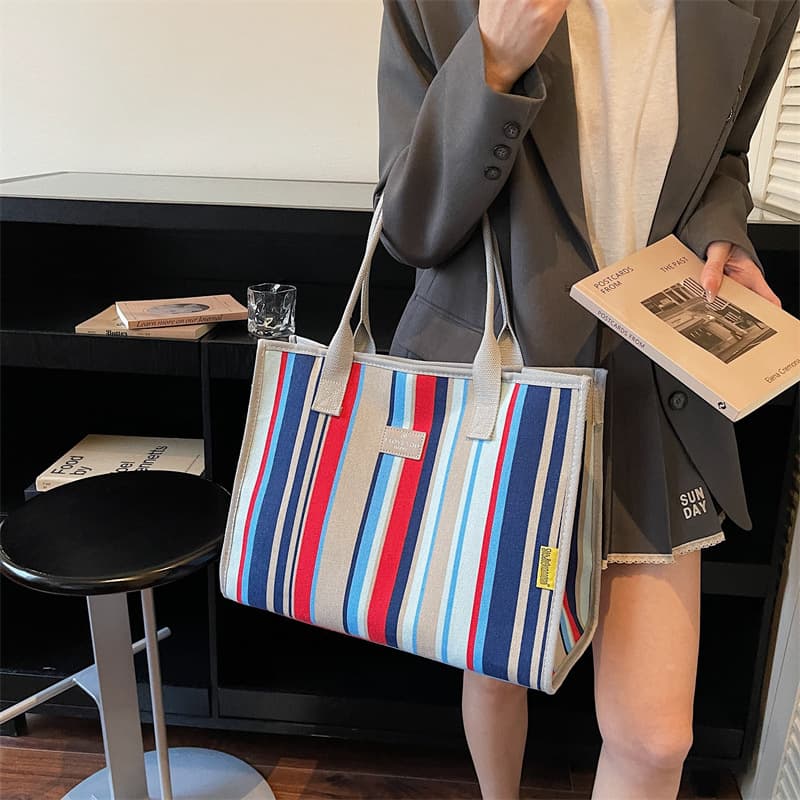 Striped Large Capacity Canvas Tote Bag Women's 2026 Spring Commuting Tote Bag Fashion Mummy Bag Casual Tote Bag