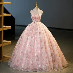 Pink Floral Evening Dress for Coming-of-Age Ceremony, Banquet Hostess Puffy Dress, Bride Toast Dress, Evening Gown for Art Exam Performance