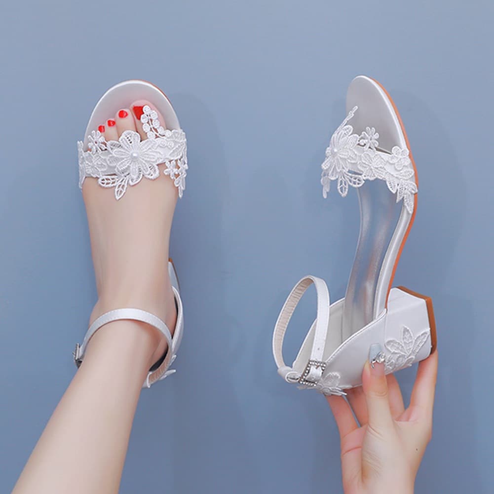 5cm Square Heel Sandals, Shallow Mouth One-Strap Block Heel Sandals, Mule Heel White Lace Flower Bride Wedding Shoes