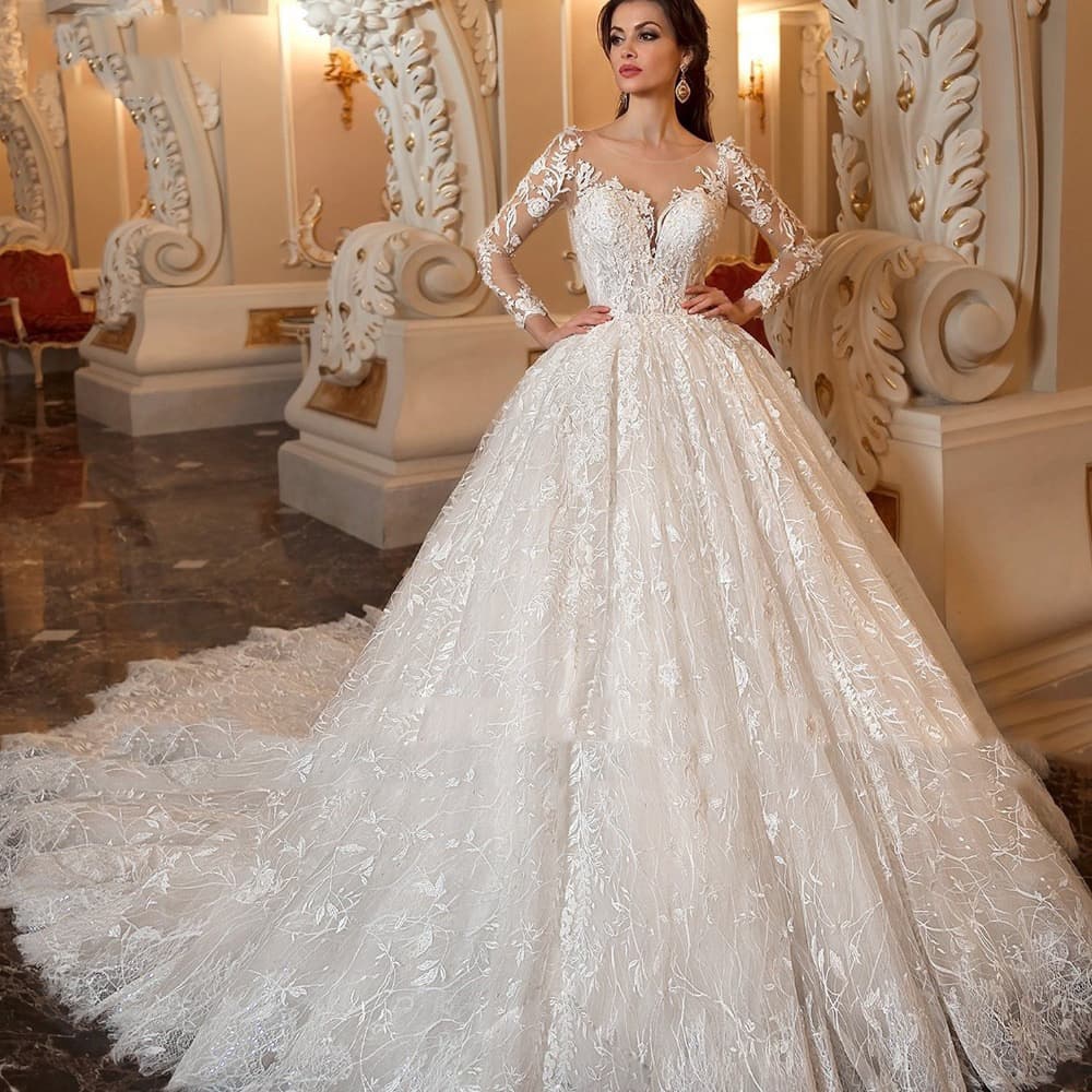 French Court-Style Wedding Dress 2026 New Off-Shoulder Heavy Embroidery Cross-Border Women's Long-Sleeve Bridal Gown