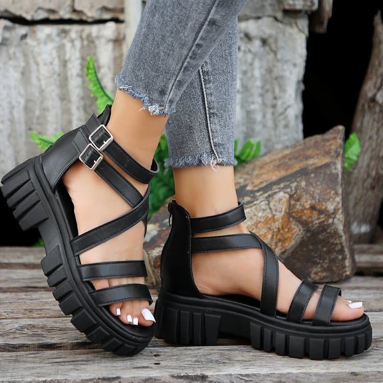Cross-Border Roman Sandals for Women, Thick Sole 2025 Plus Size New Women's Shoes, Platform Chunky Versatile Hollow Mid-Top One-Strap Sandals