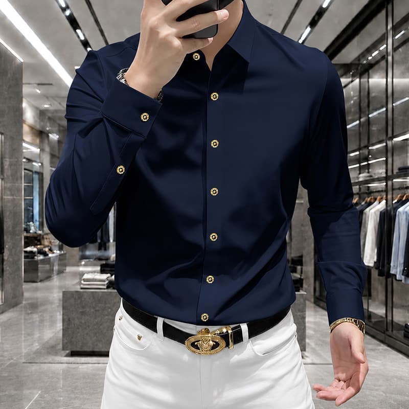 Premium Non-Iron Long-Sleeve Shirt for Men Business Casual Slim Fit Wine Red Dress Shirt Autumn Base Layer