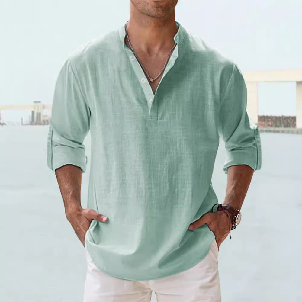 2023 Cross-Border Export Men's Cotton Stand Collar Long Sleeve T-Shirt Loose Undershirt Solid Long Sleeve Cotton Shirt Men