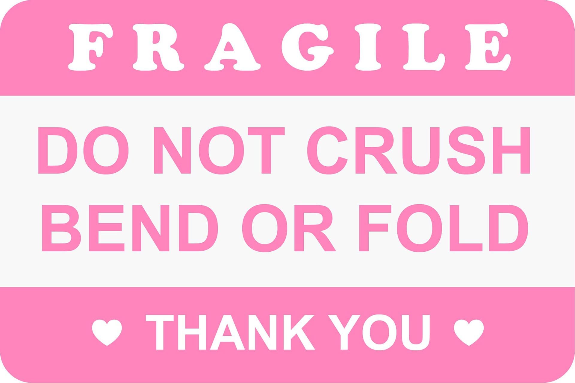 2x3 Inch Pink Fragile Handle with Heart Label Stickers, Do Not Crush, Bend, or Fold