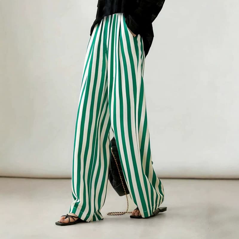 Korean vertical striped wide-leg pants for women, high-waisted, loose, lazy-style floor-length trousers, slim casual straight-leg pants