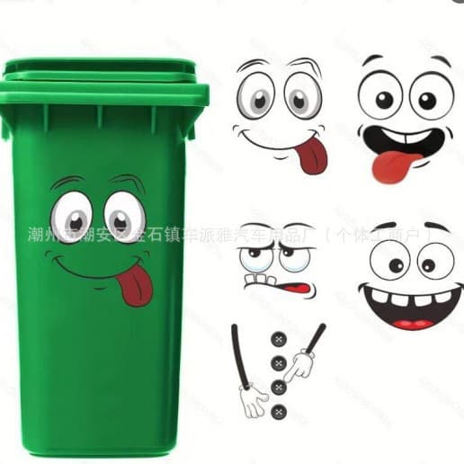Cross-border wholesale cartoon trash can decorative stickers, funny expression wall decals, PVC bathroom self-adhesive wall stickers