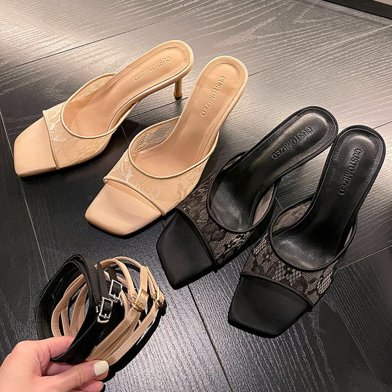 Summer Light Luxury Silk Mesh One-Strap Sandals ~ Square Toe Hollow Slip-On Stiletto Heel Ankle Strap Two-Way Wear Sandals