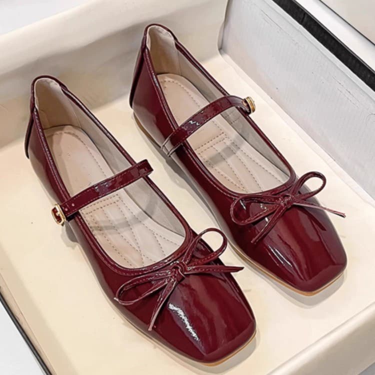 2025 Autumn New French Mary Jane Shoes for Women, Square Toe, Shallow Mouth, Flat, One-Strap with Bow