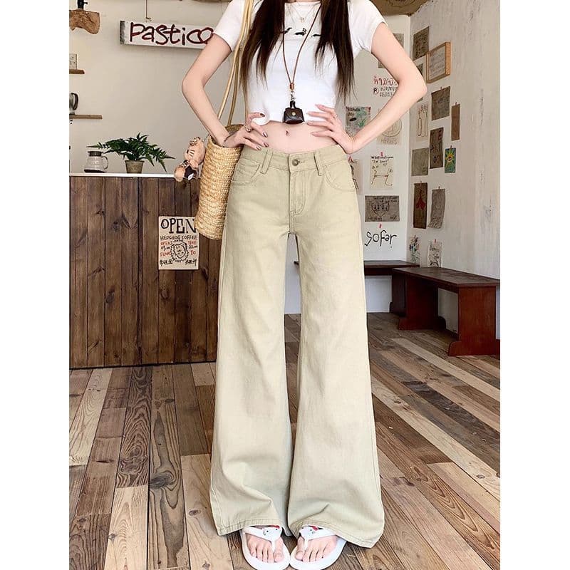 Small khaki wide-leg jeans for women in spring and summer, low-waist hot girls slim straight-leg loose drape floor-length pants