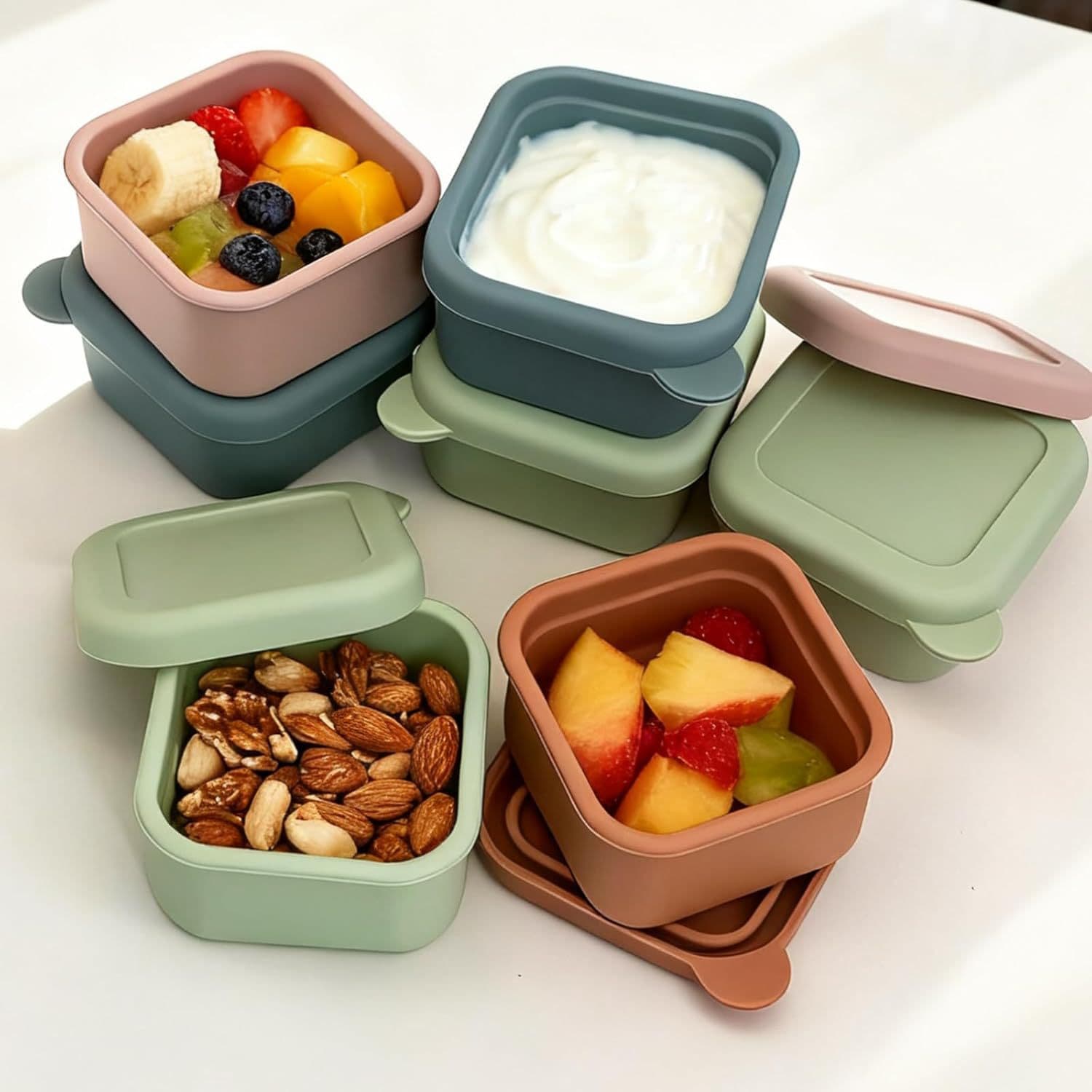 Silicone snack container with lid, children's food supplement box, salad jam cup, picnic travel, leak-proof, stackable lunch box