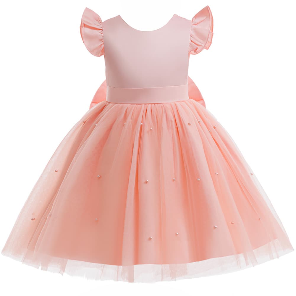 Flower Girl Butterfly Bow Beaded Tulle Princess Dress for Kids Wedding Party Ball Gown Birthday Formal Performance Costume