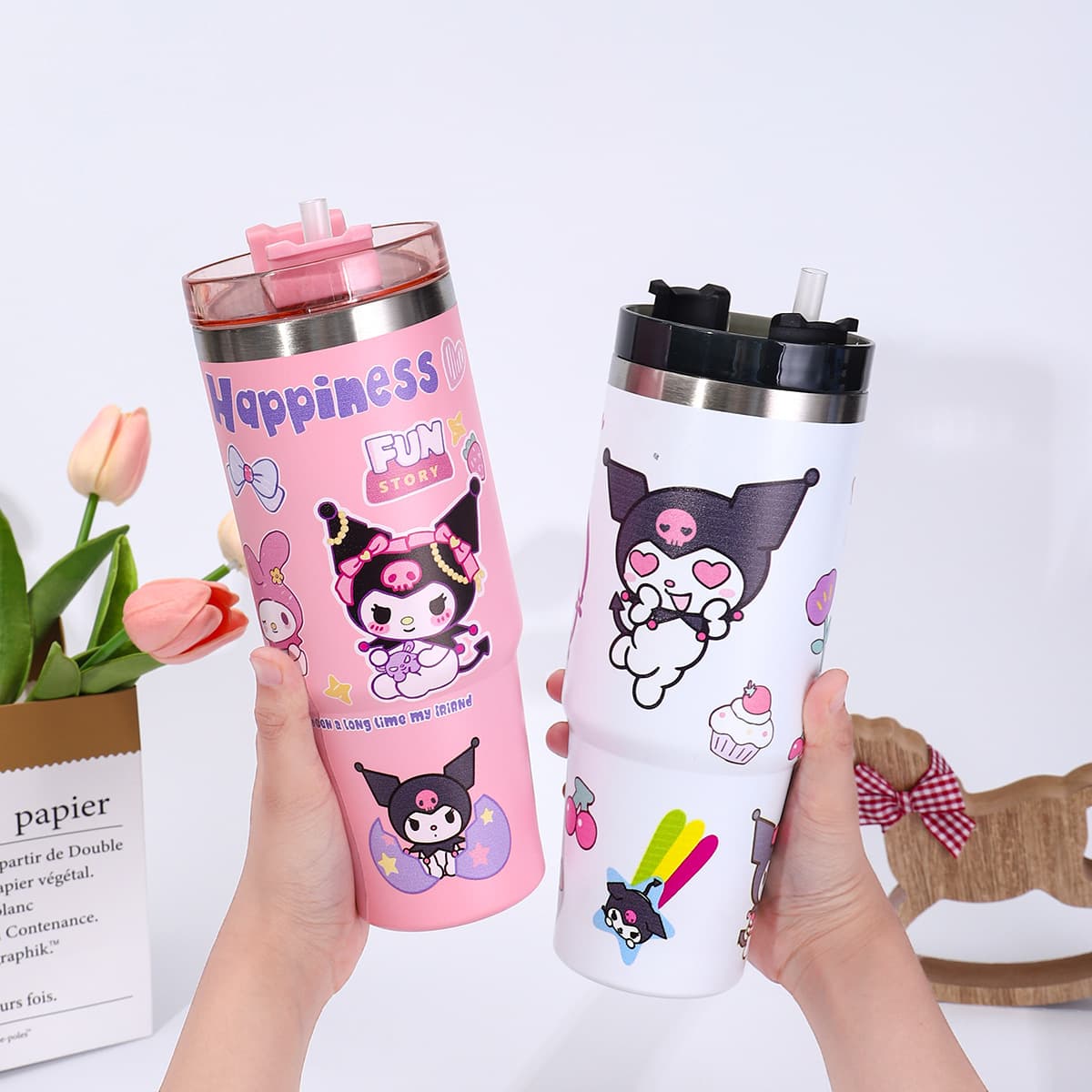 New Kuromi 30oz Straw Tumbler Double Wall Vacuum Insulated Cup Large Capacity 304 Stainless Steel Car Cup