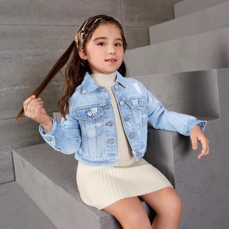 Amazon AliExpress Exclusive High-End Quality Girls' Fashion 2025 New Trendy Turn-Down Collar Ripped Denim Jacket