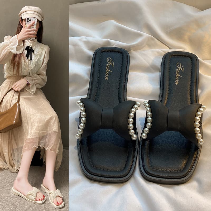 Fairy style bow-knot sandals for women summer new outer wear flat bottom all-match high-end shoes pearl slippers cross-border