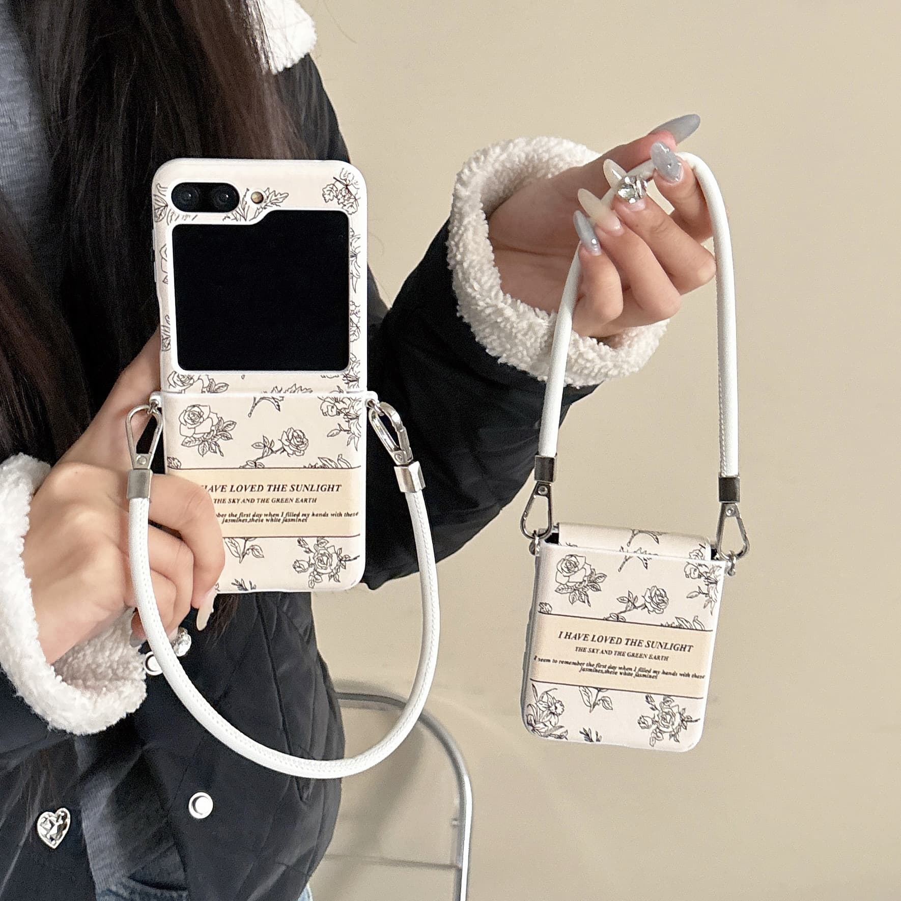Compatible with Samsung Z Flip 3/4/5/6/7 Foldable Phone Case, Chanel-Style Rose Fashion Lanyard Full Coverage