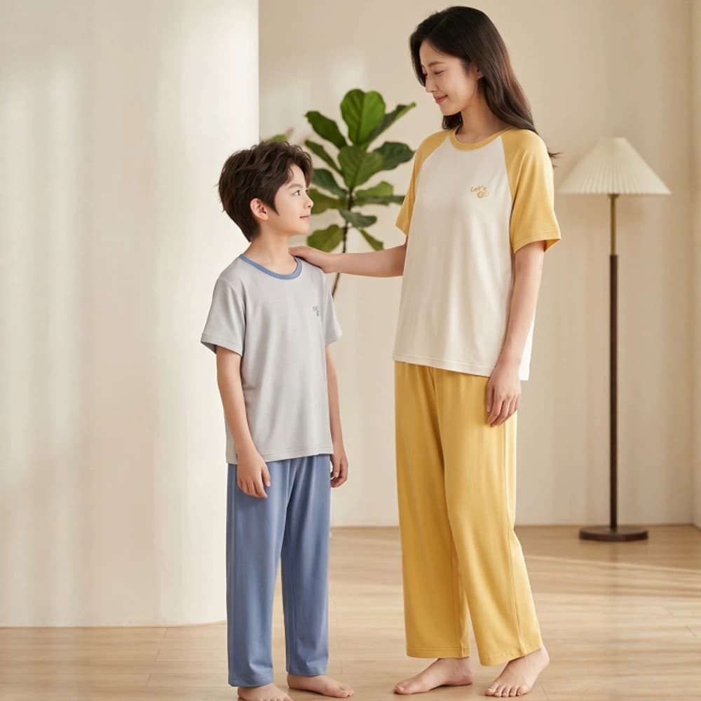 Boys' Pajamas Summer New Style Teen Student Lyocell Short Sleeve Long Pants Set Girls' Homewear Children's Clothing