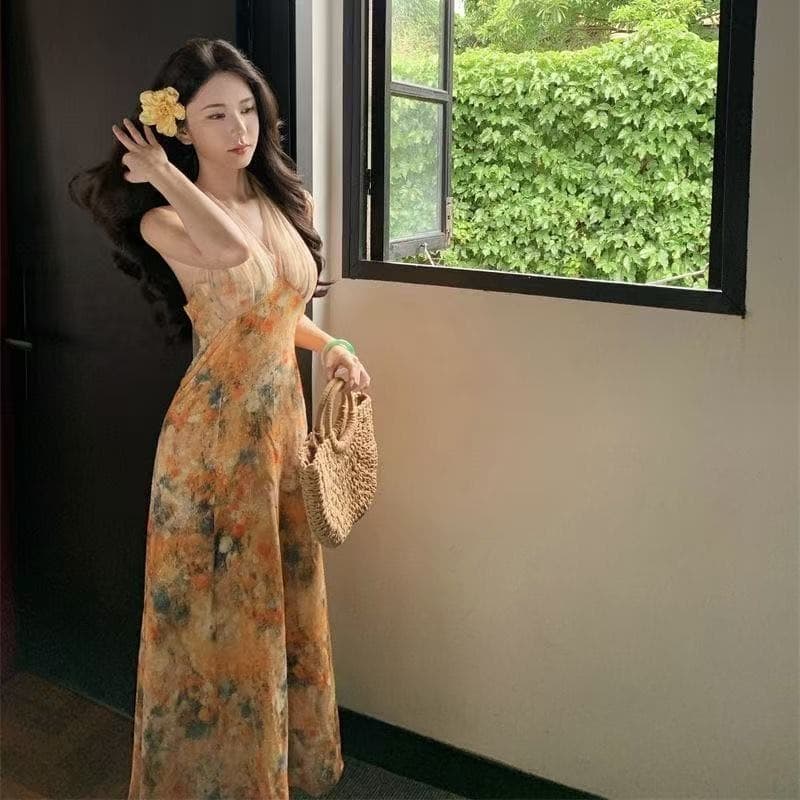 French Oil Painting Backless Halter Dress for Women Summer Slim Fit Sweetheart Long Dress Gentle Waist A-Line Dress Women's Clothing