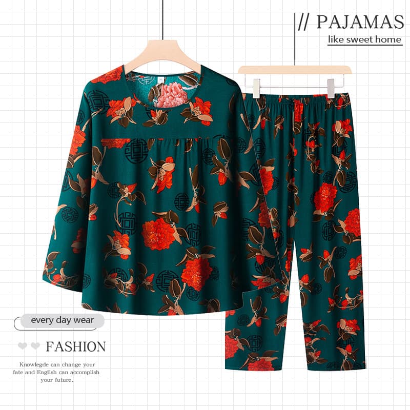 Mother's Spring and Summer Pure Cotton Silk Suit, Grandma's Summer Long-Sleeved Pajamas, Middle-Aged and Elderly Women's Two-Piece Set