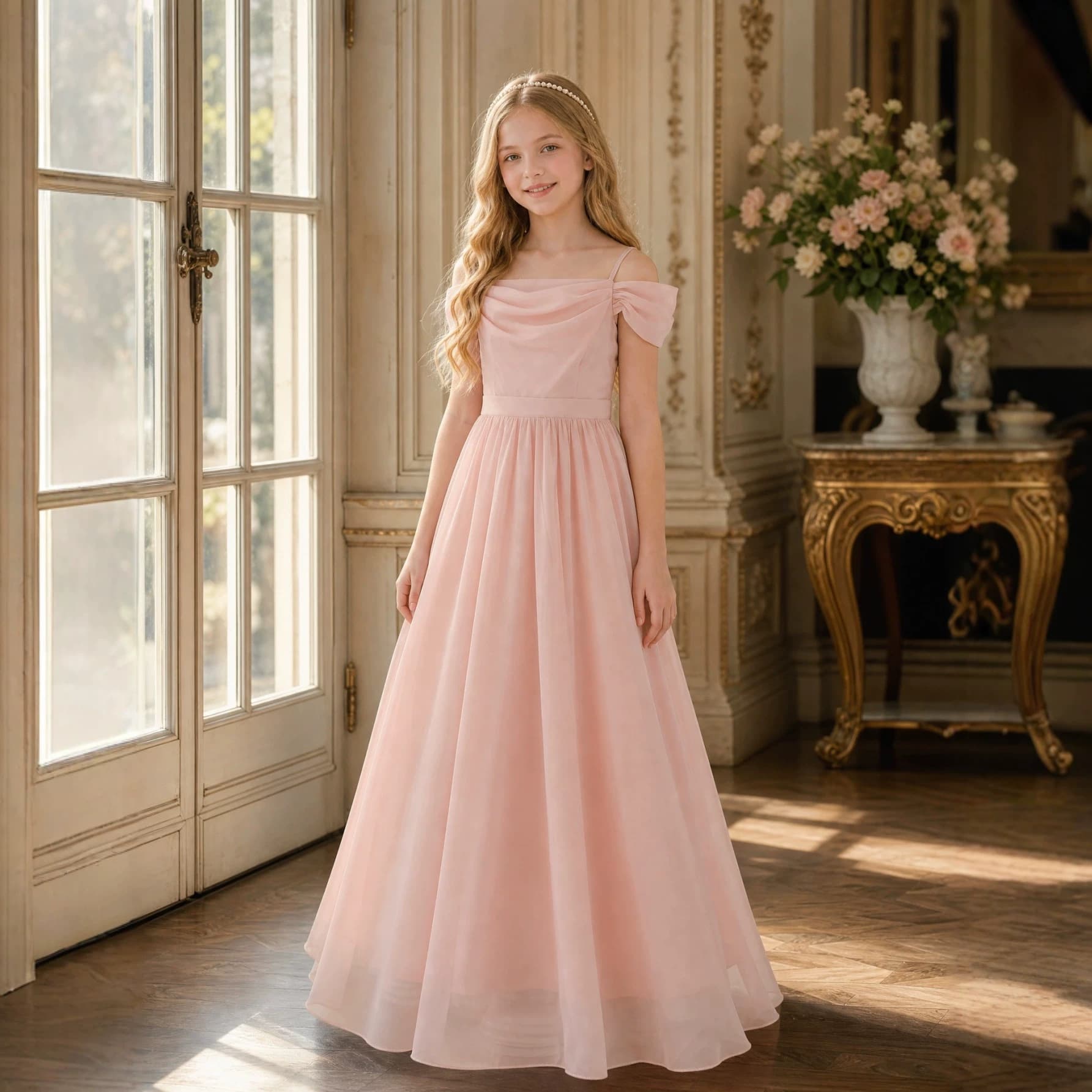 New Girls Summer Dress Pink Off-Shoulder Long Sleeve Bow Princess Dress Chiffon Birthday Gown