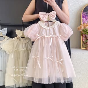 Blue Town 2026 New Girls Summer Dress Fashionable Puff Sleeve Mesh Skirt Sweet Princess Dress