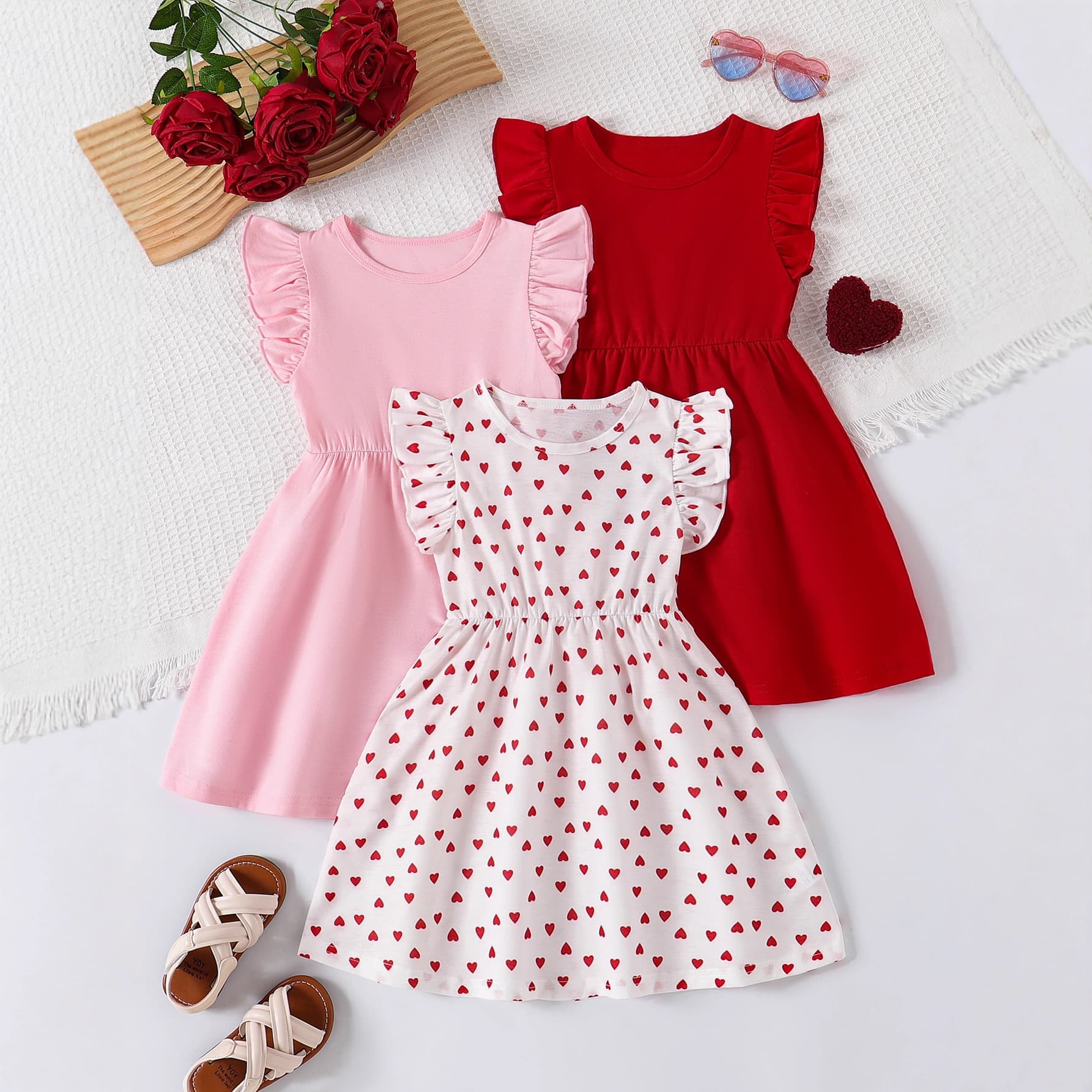 Young Girls Summer New Fashion Flutter Sleeve Heart Full Print + Solid Color Patchwork Casual Dress 3