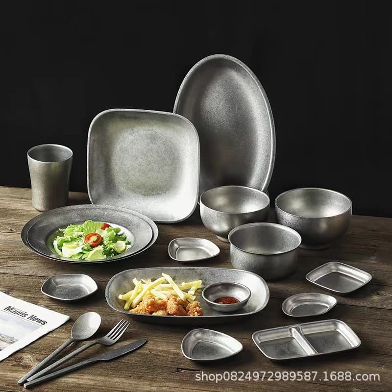 Antiqued 304 Stainless Steel Industrial-style Rice Bowl, Dish Plate, Fork, Spoon, Chopsticks, Outdoor Camping BBQ Café Tableware