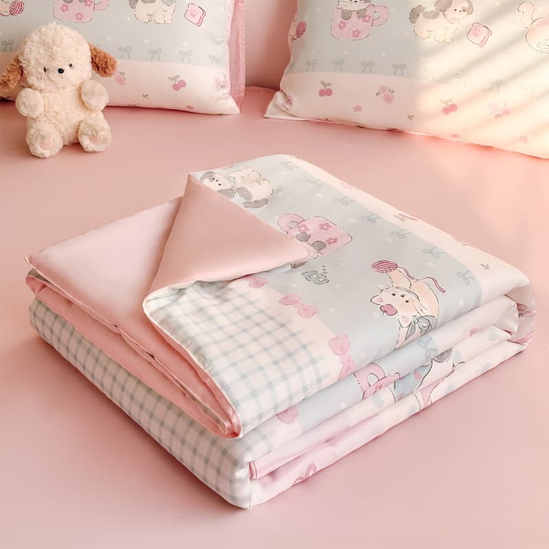 Summer Cool Ice Silk Printed Quilt Set, Washable Summer Quilt, Dormitory Air Conditioning Blanket, Double Bed Thin Blanket Gift