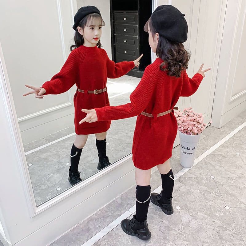 Red Girls' Knit Dress, Autumn/Winter New Style, Children's Mid-Length Tunic Top, Winter Sweater