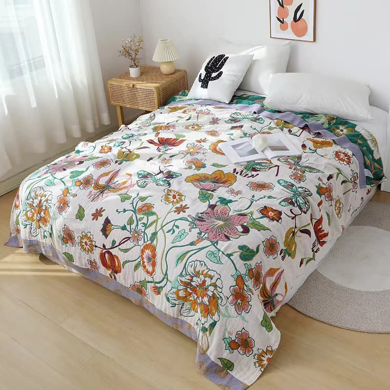 Butterfly Love Flower Pure Cotton Multi-Layer Gauze Blanket, Towel, Blanket, Bed Sheet, Pillowcase, Three-Piece Set, Sofa Cover, Leisure Blanket