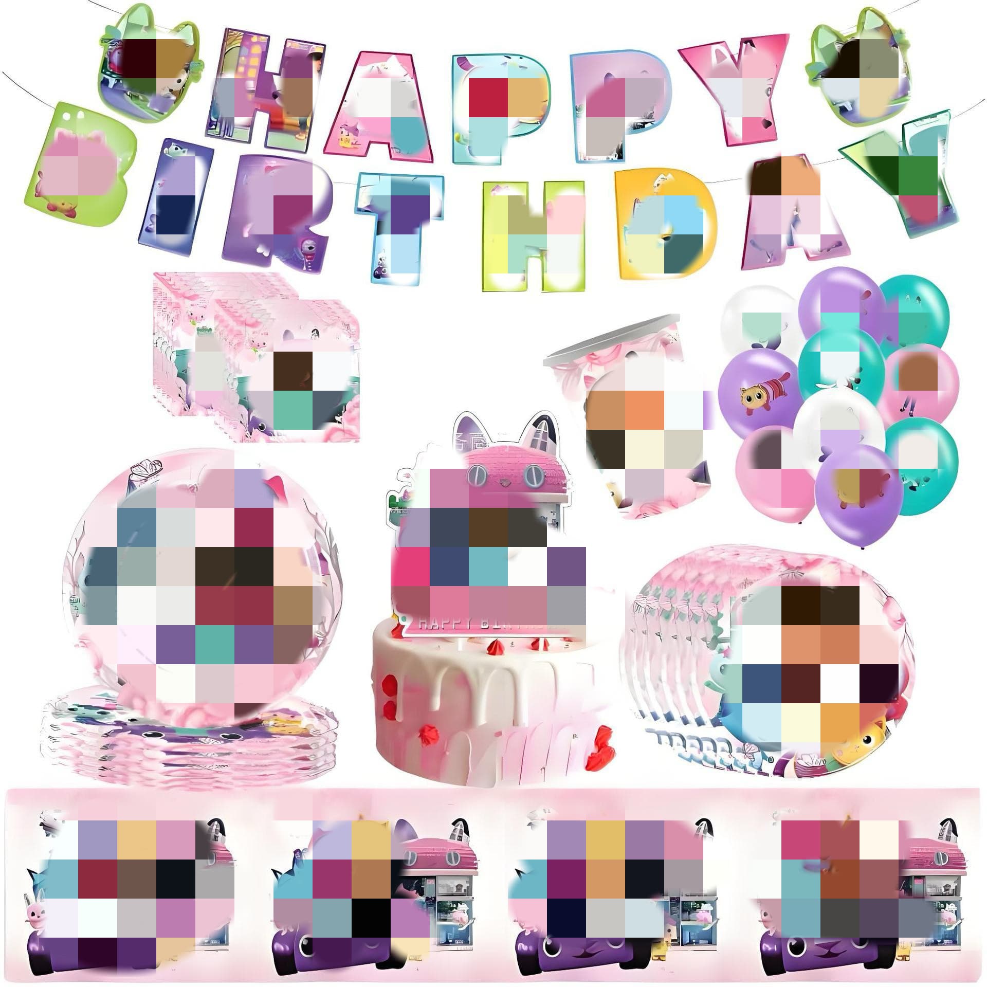 Pink Gabby Dollhouse Theme Birthday Party Decoration Tablecloth Banner Paper Cups Plates Set